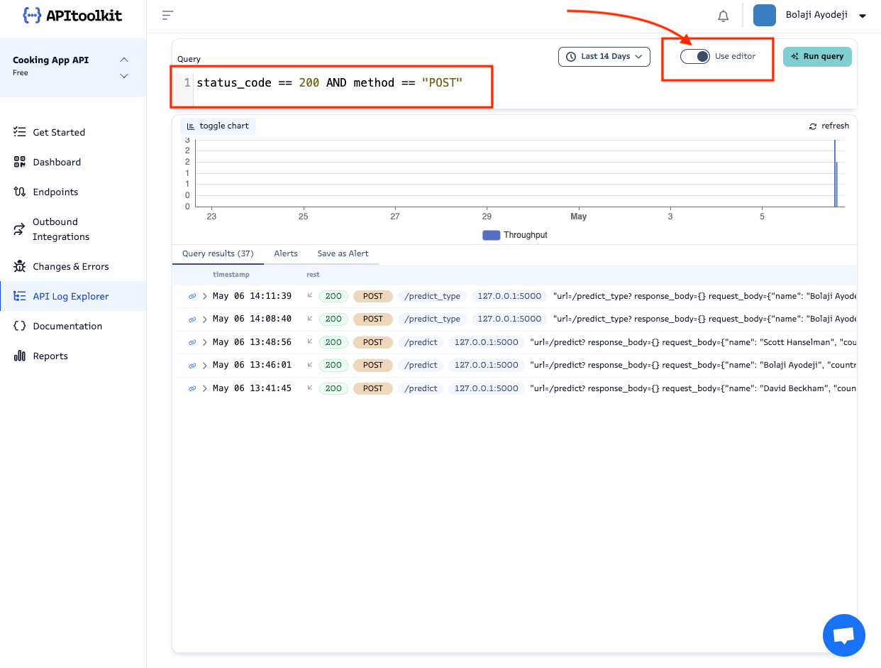 Screenshot of APItoolkit’s API log explorer page