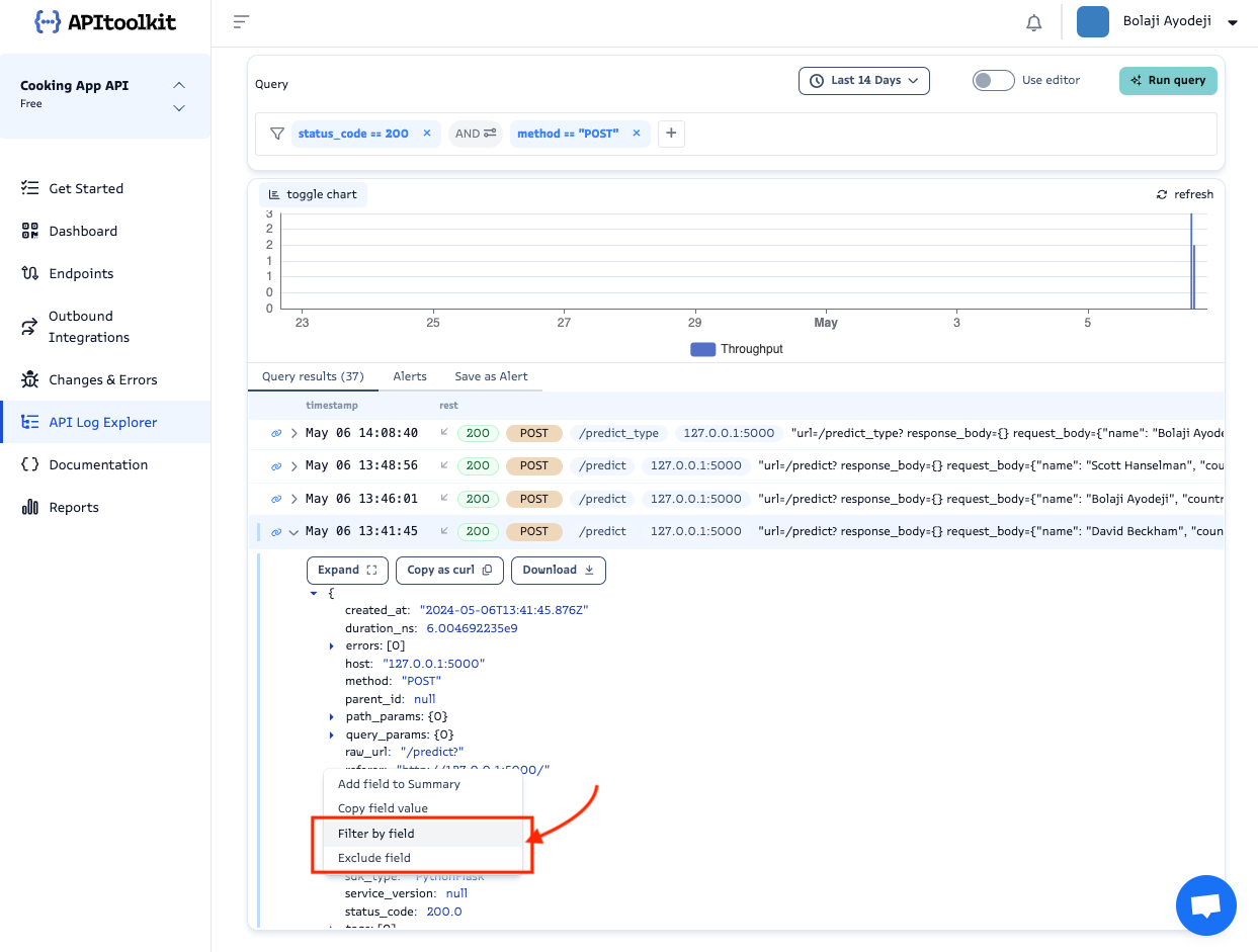 Screenshot of APItoolkit’s API log explorer page