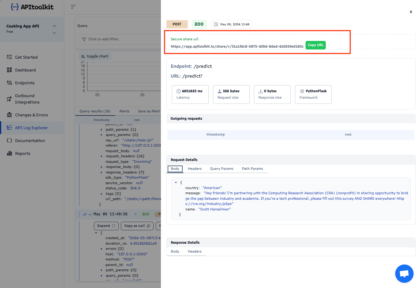 Screenshot of APItoolkit’s API log explorer page