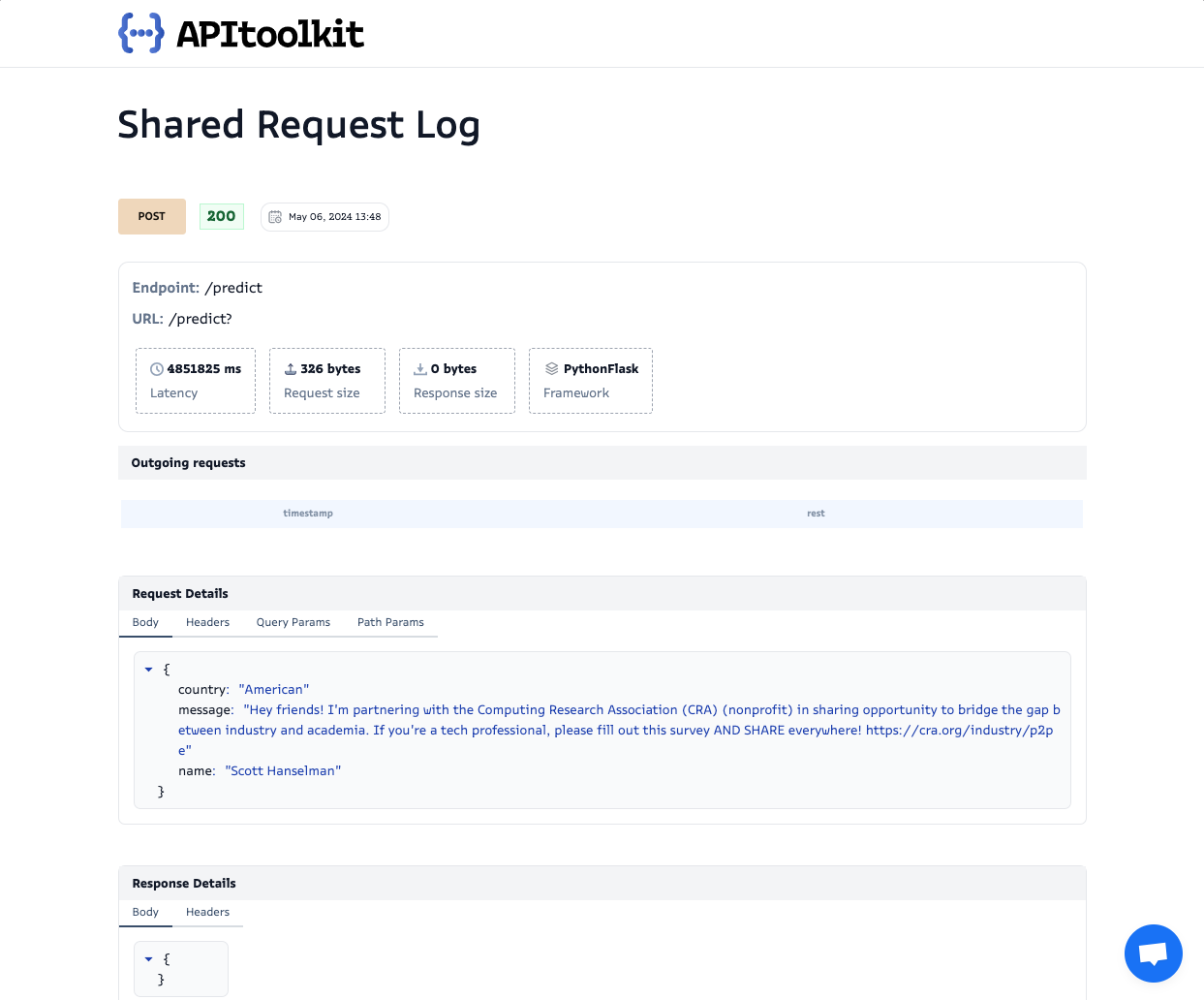 Screenshot of APItoolkit’s API log explorer page