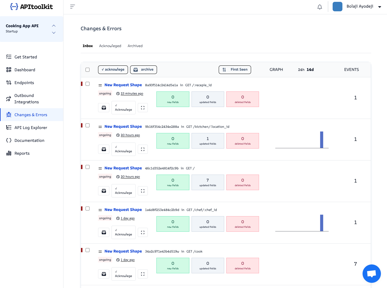 Screenshot of APItoolkit’s changes & errors page