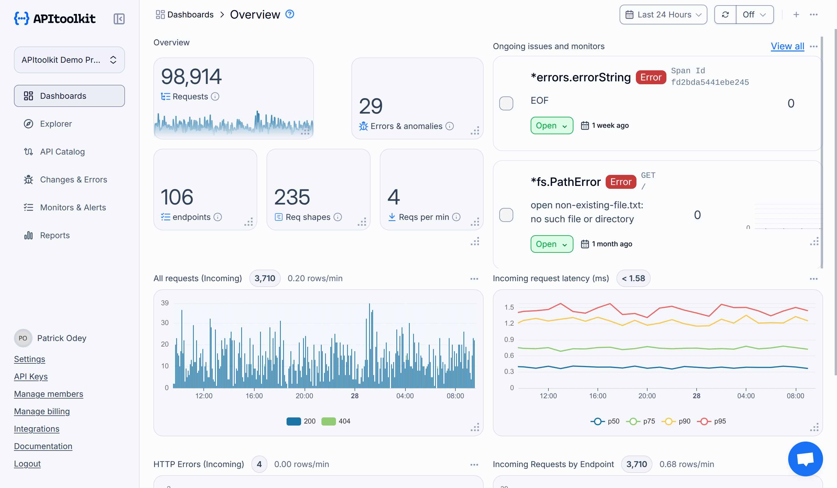 Screenshot of APItoolkit dashboard