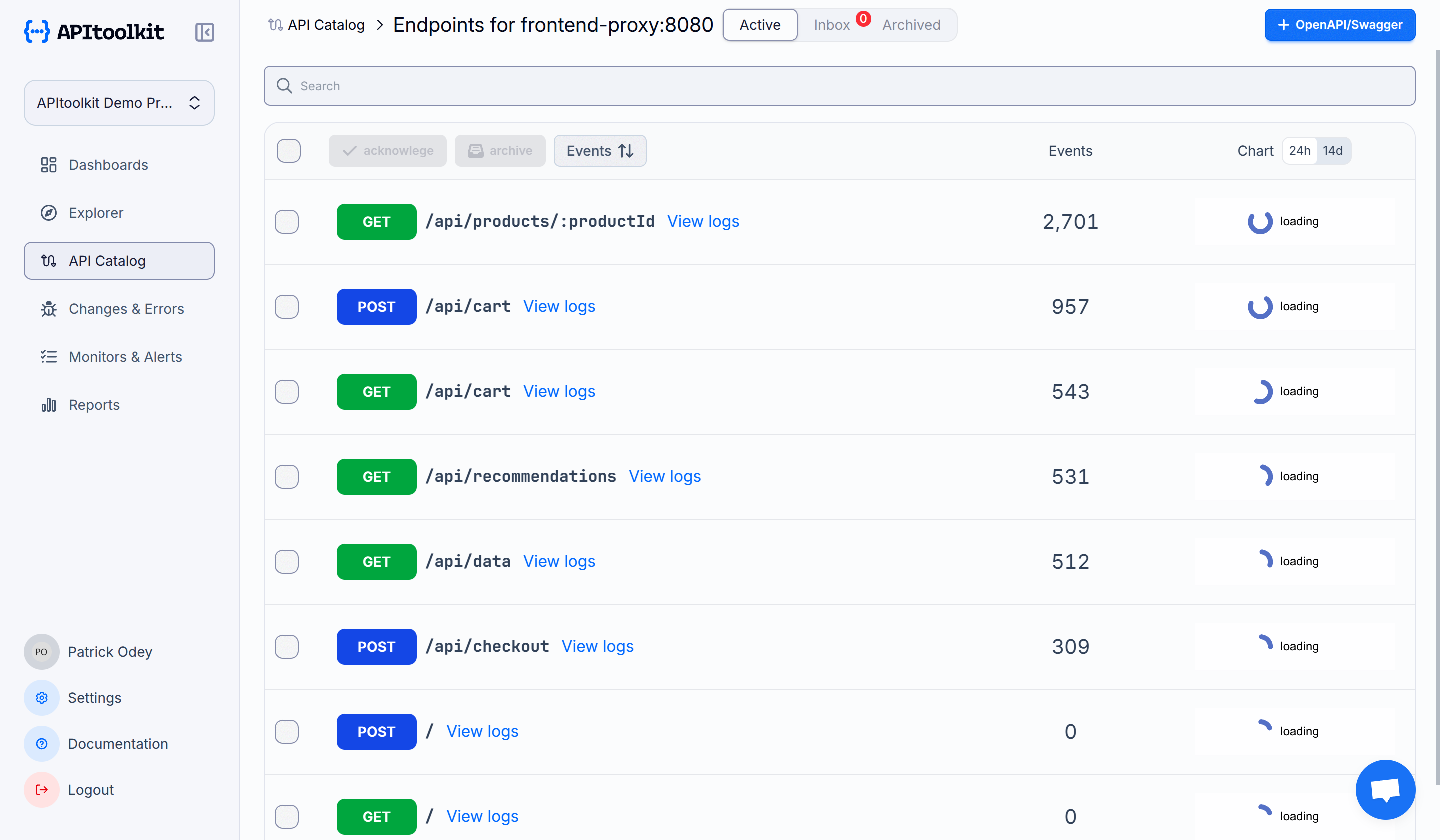 Screenshot of APItoolkit’s endpoints page