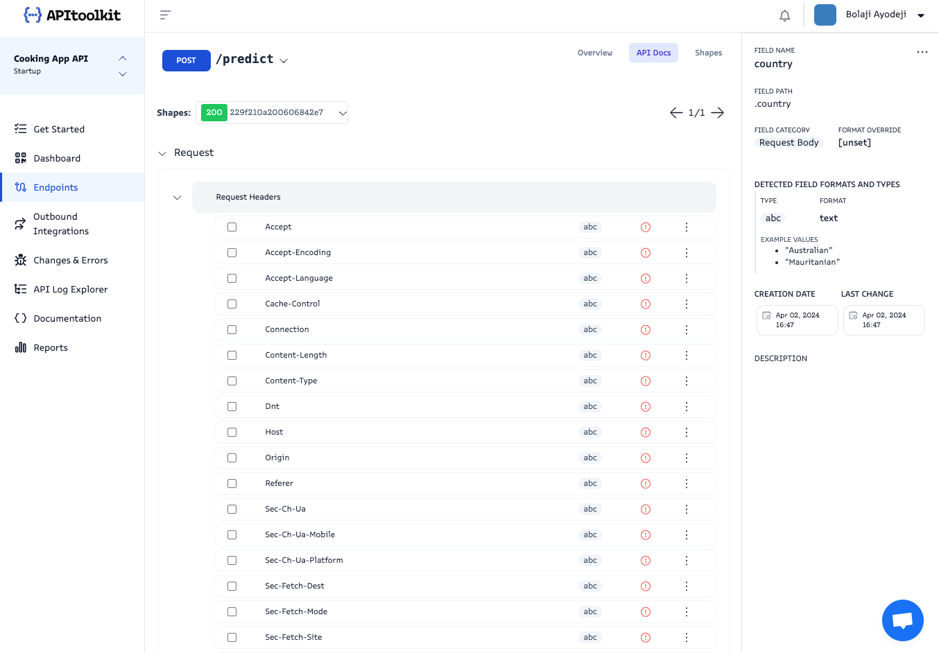 Screenshot of APItoolkit’s endpoints page
