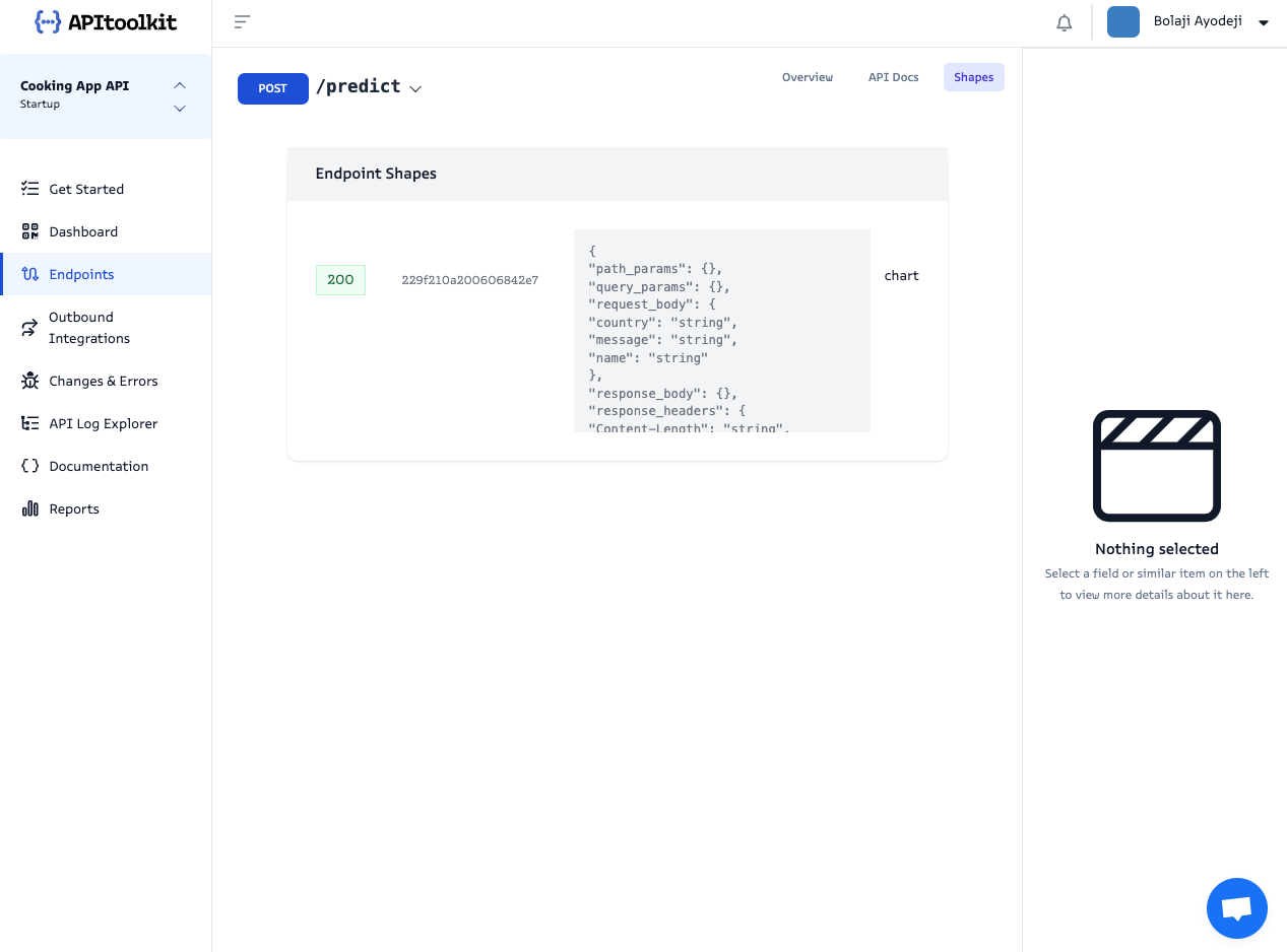 Screenshot of APItoolkit’s endpoints page