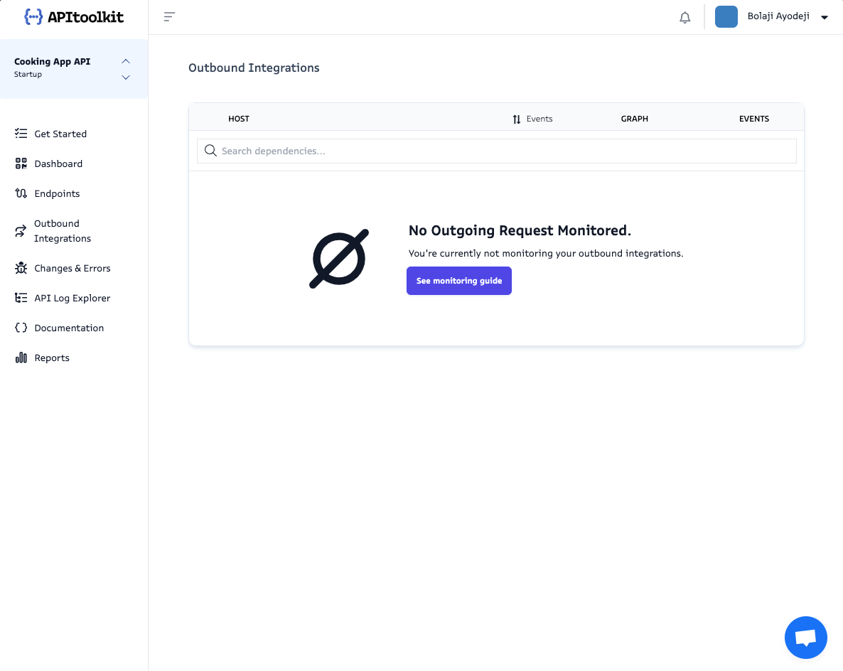Screenshot of APItoolkit’s Outgoing Integrations page