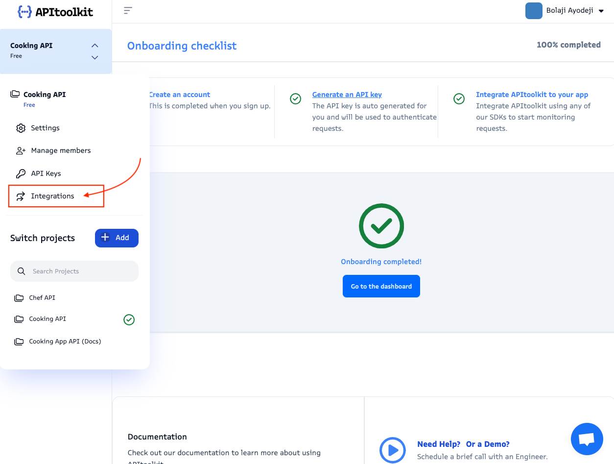 Screenshot of APItoolkit’s integrations page