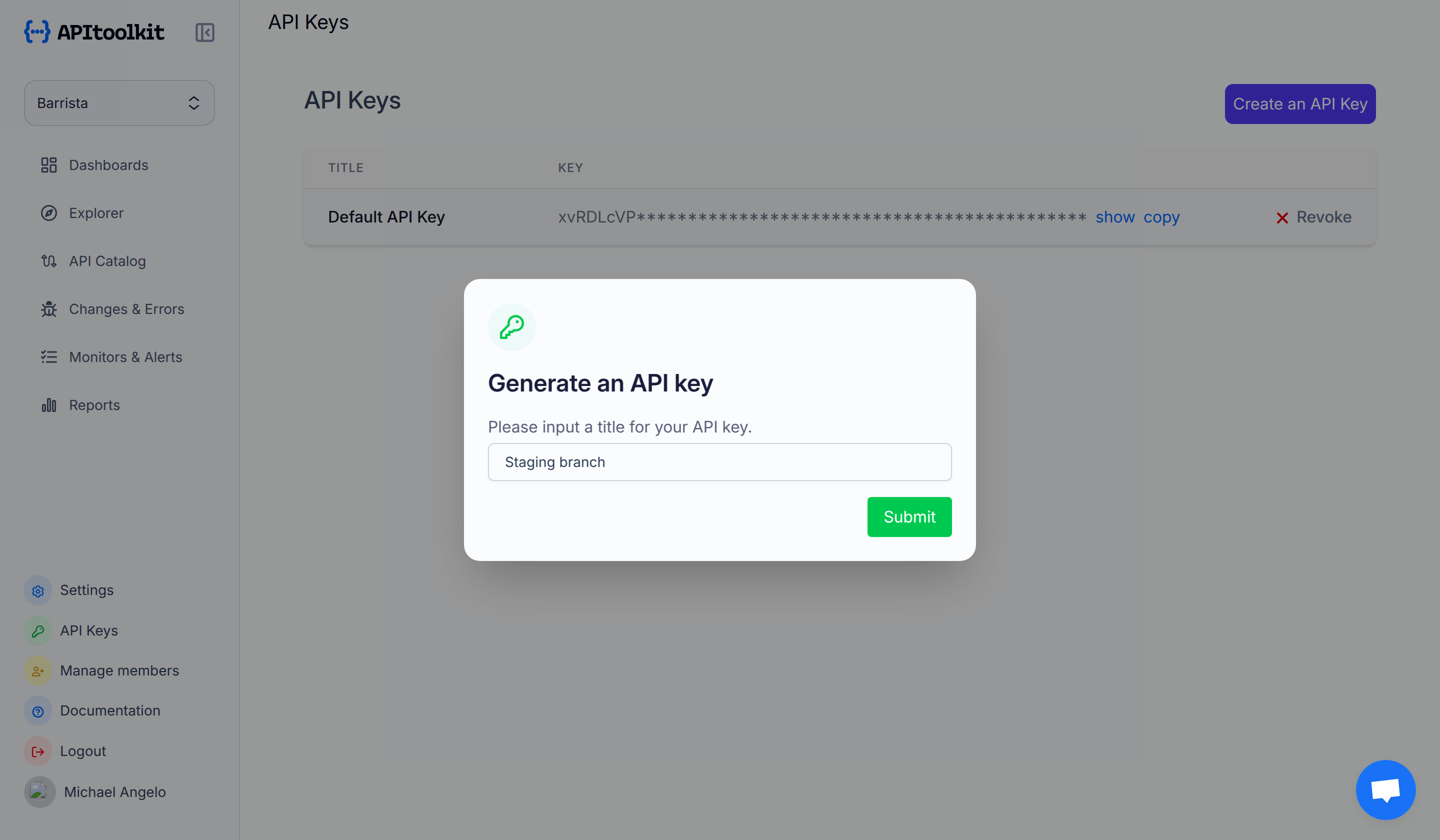 Screenshot of APItoolkit’s API keys page