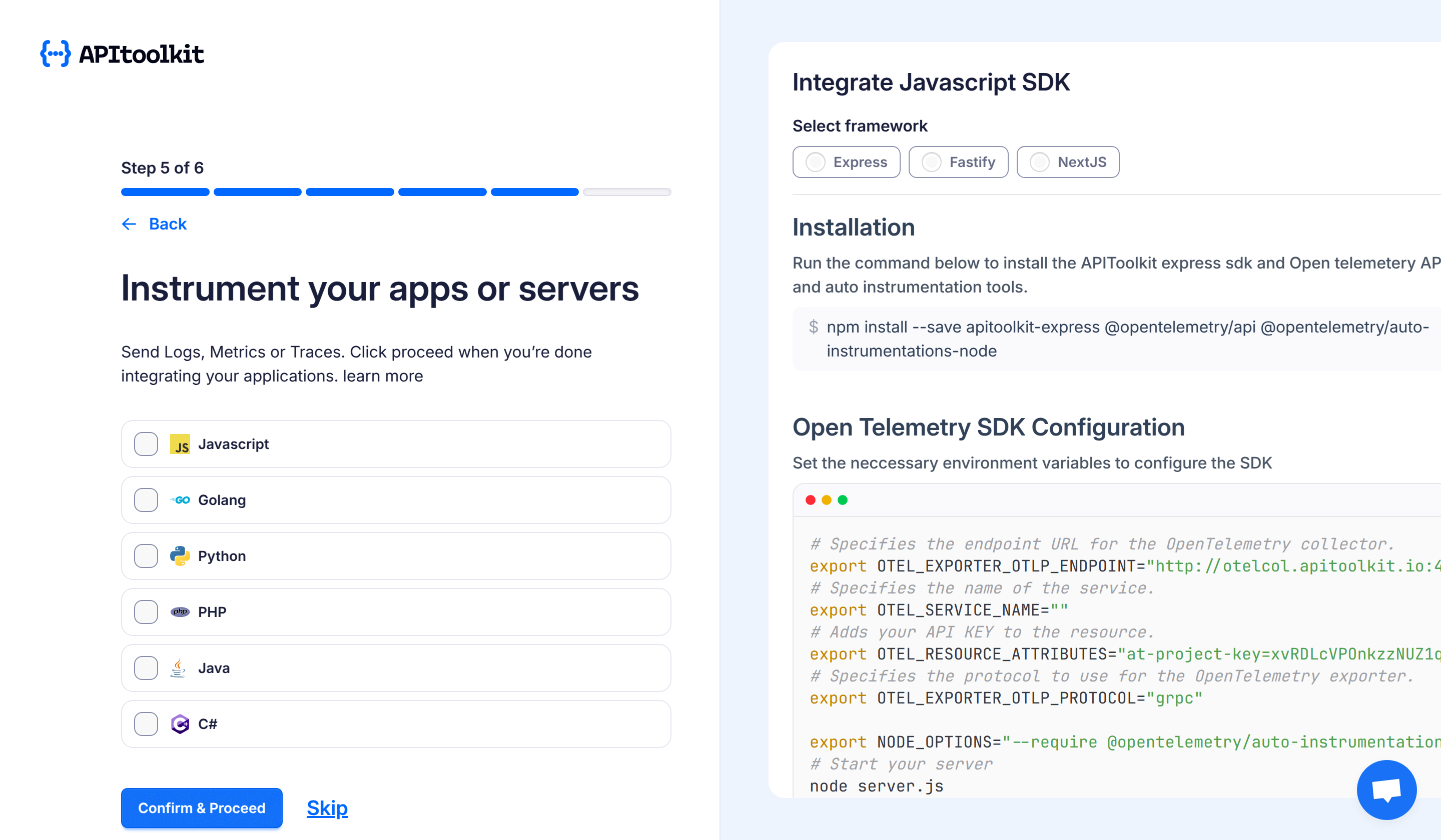 Screenshot of APItoolkit’s create new project page